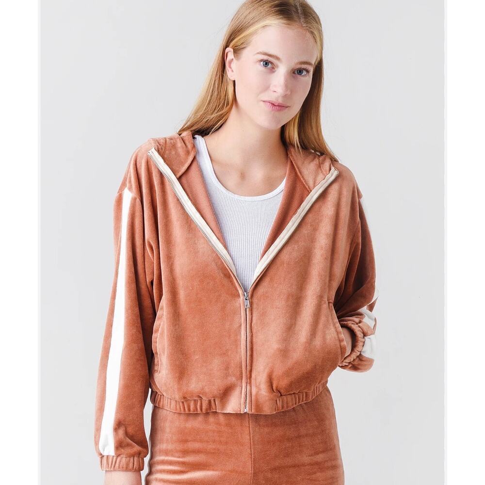 MONROW Velour Zip Hoodie Rust Brown w/ White Stripe NWT XL